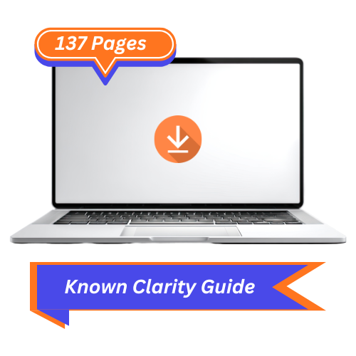 Laptop with a download icon on the screen, surrounded by text indicating '137 Pages' and 'Known Clarity Guide'.