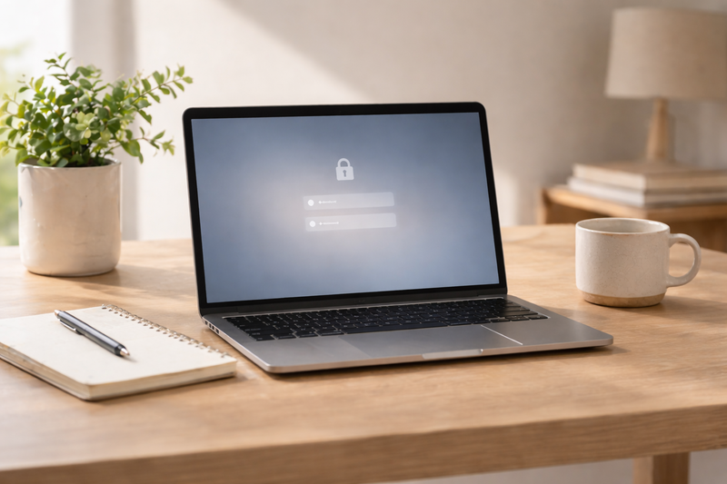 Laptop showing blurred log-in screen on a desk. 